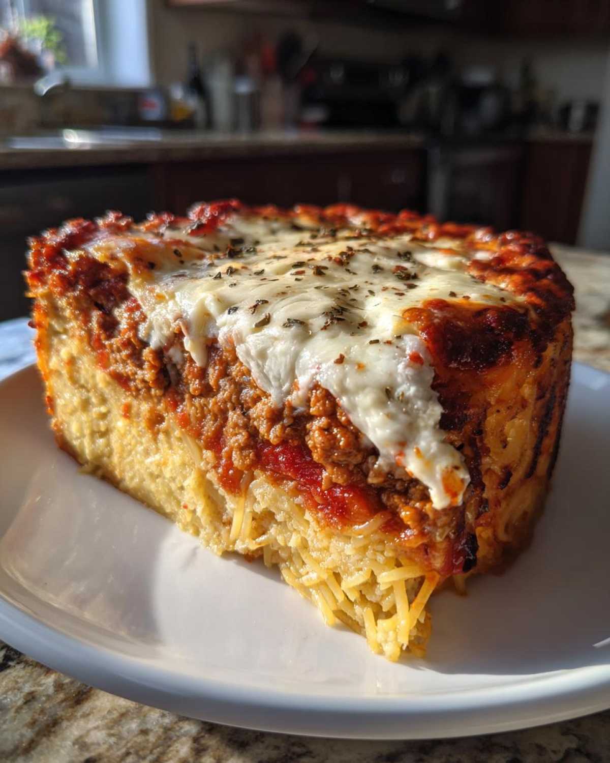 A thick, square slice of amazing spaghetti pie with meat sauce and melted mozzarella cheese topping.