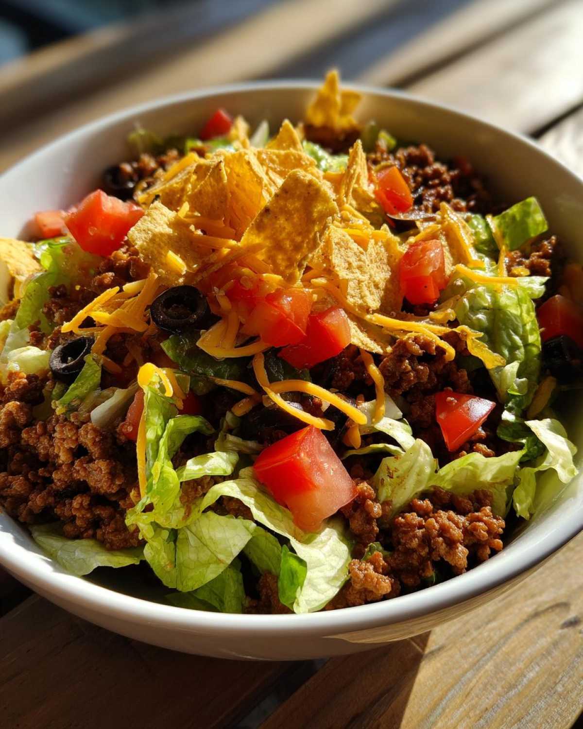 A vibrant, close-up view of a fresh taco salad featuring seasoned ground beef, lettuce, tomatoes, cheese, olives, and tortilla chips.