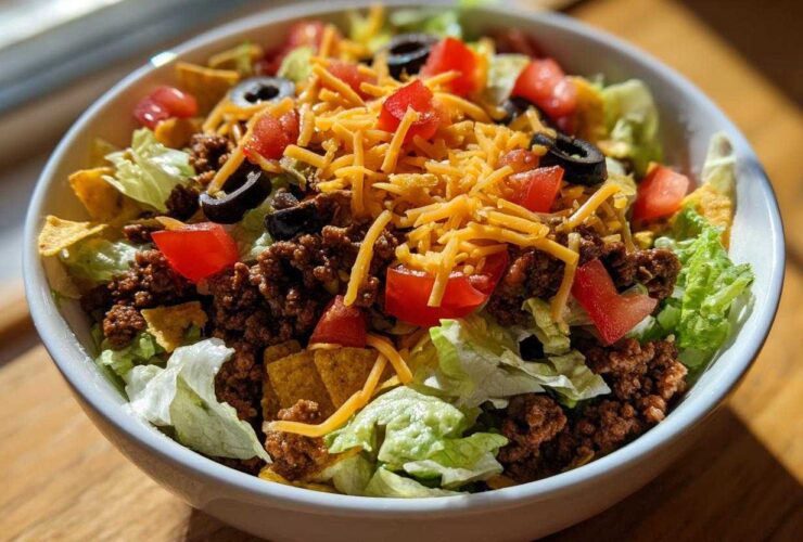 A vibrant close-up of an amazing taco salad featuring seasoned ground beef, shredded cheese, tomatoes, olives, and tortilla chips over lettuce.