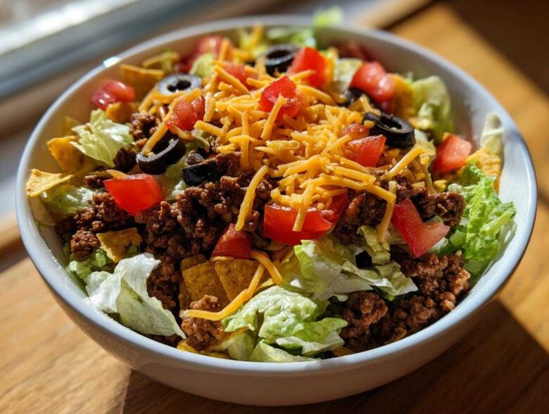 A vibrant close-up of an amazing taco salad featuring seasoned ground beef, shredded cheese, tomatoes, olives, and tortilla chips over lettuce.