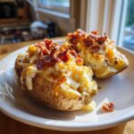 Two perfectly prepared twice baked potatoes loaded with mashed potato filling, melted cheddar cheese, and crispy bacon bits.