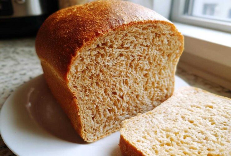 A freshly baked loaf of whole wheat bread, partially sliced, resting on a white plate.