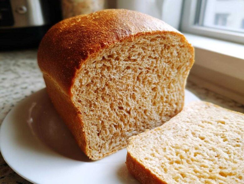 A freshly baked loaf of whole wheat bread, partially sliced, resting on a white plate.