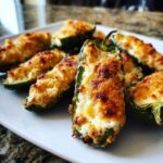 A plate of freshly baked jalapeño poppers stuffed with creamy filling and a crispy, golden-brown topping.