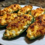 Close-up of six golden-brown baked jalapeño poppers stuffed with cheese filling on a white plate.