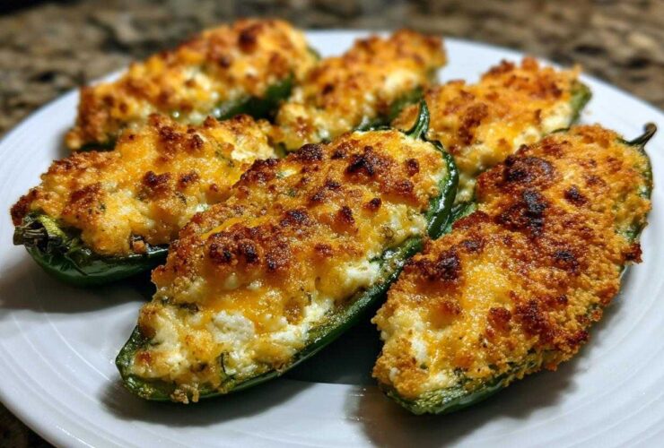 Close-up of six golden-brown baked jalapeño poppers stuffed with cheese filling on a white plate.