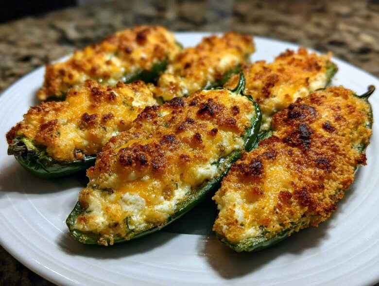 Close-up of six golden-brown baked jalapeño poppers stuffed with cheese filling on a white plate.