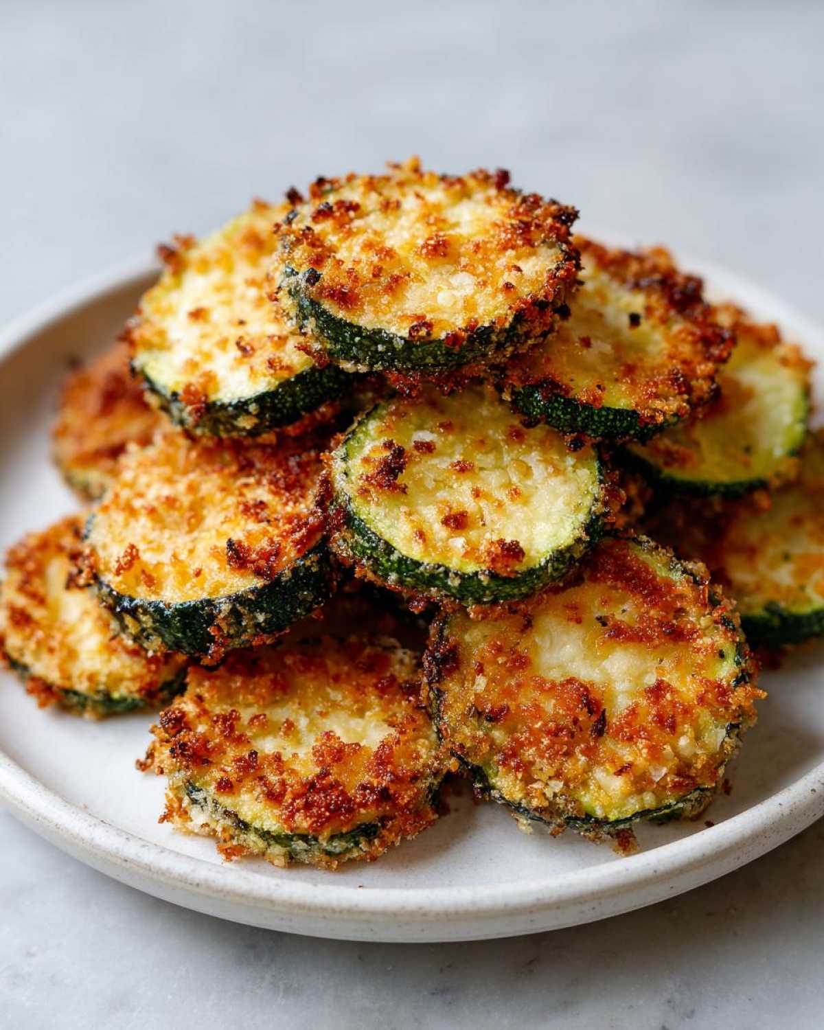 A stack of golden brown, crispy baked parmesan zucchini slices piled high on a light-colored plate.