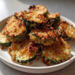 A pile of golden brown, crispy baked parmesan zucchini slices served on a light-colored plate.
