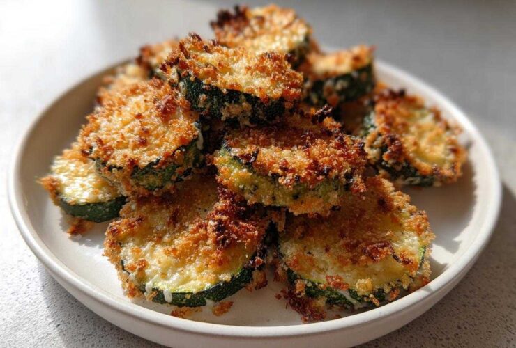 A pile of golden brown, crispy baked parmesan zucchini slices served on a light-colored plate.
