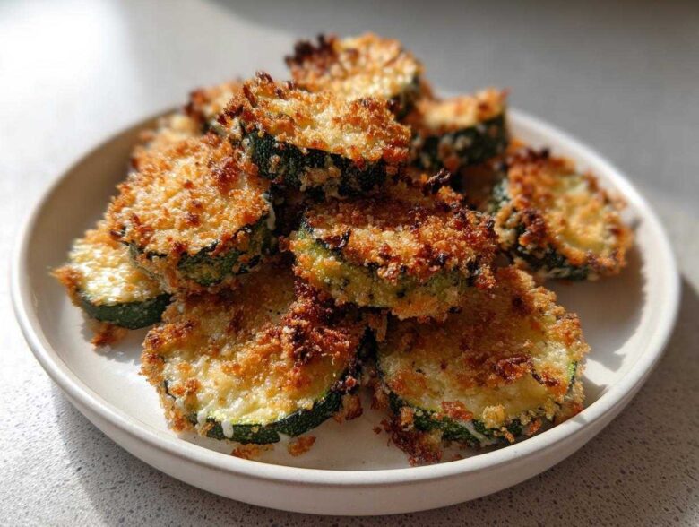 A pile of golden brown, crispy baked parmesan zucchini slices served on a light-colored plate.