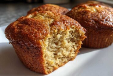 Close-up of a banana protein muffin with a bite taken out, showing the moist, textured interior.