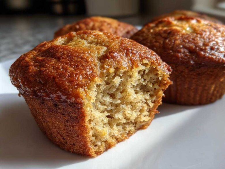 Close-up of a banana protein muffin with a bite taken out, showing the moist, textured interior.