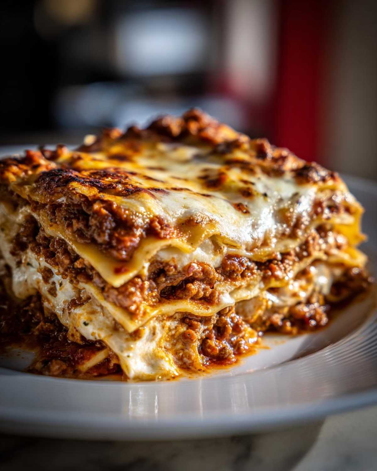 Close-up of a thick, multi-layered slice of lasagna with rich meat sauce and melted, browned cheese topping.