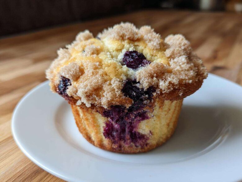 A close-up of a golden blueberry muffin topped with a generous layer of sugary streusel crumb topping.