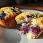 Two golden blueberry protein muffins on a white plate, one broken open showing moist interior.