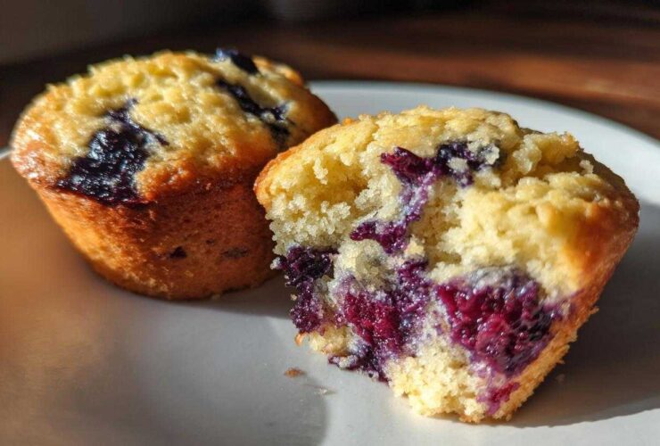 Two golden blueberry protein muffins on a white plate, one broken open showing moist interior.