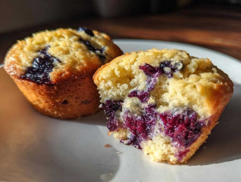 Two golden blueberry protein muffins on a white plate, one broken open showing moist interior.