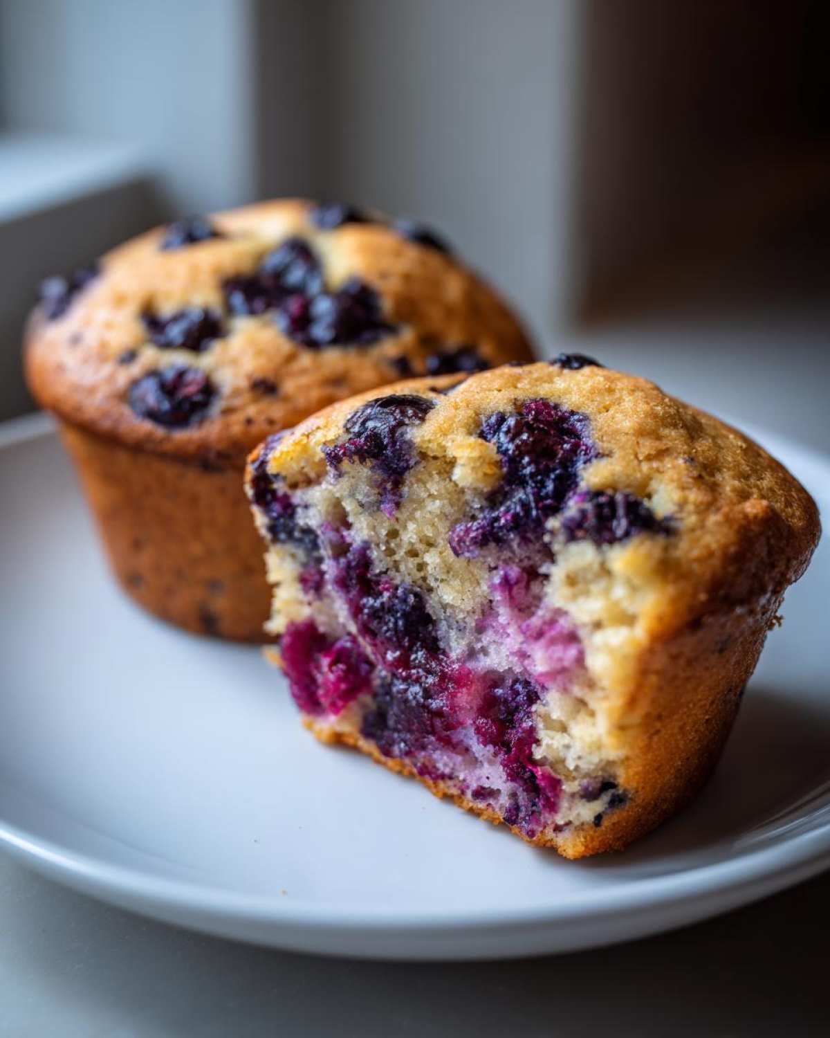 Close-up of a blueberry protein muffin cut in half showing the moist interior and juicy berries.
