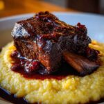 A close-up of a tender braised short ribs piece covered in rich, dark sauce, served over creamy yellow polenta.