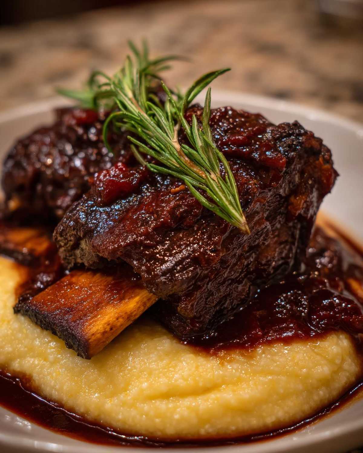 Close-up of tender braised short ribs covered in rich sauce, served over yellow polenta and garnished with rosemary.