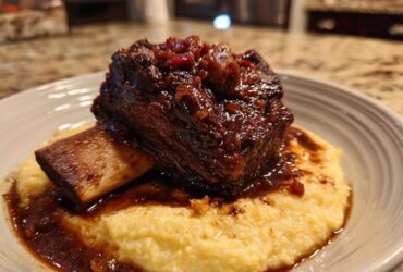 A single serving of rich, dark braised short ribs resting on a bed of creamy yellow polenta.