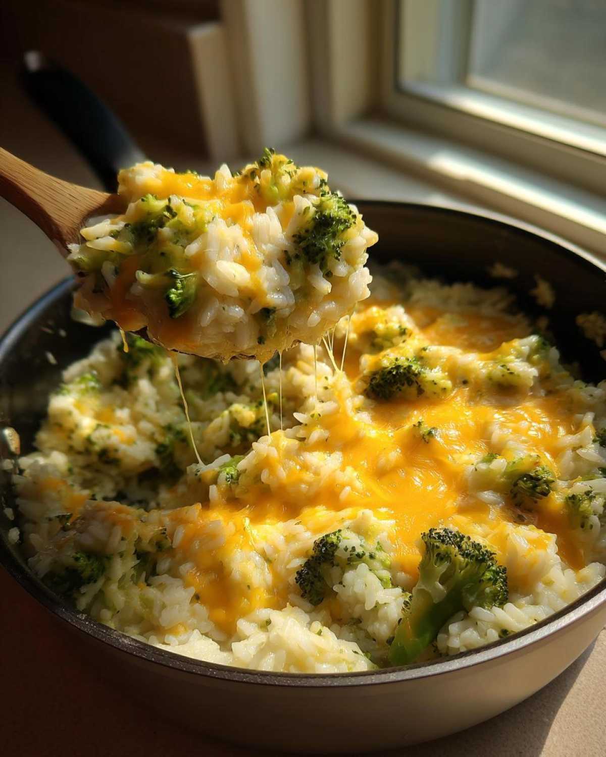 A wooden spoon scoops cheesy broccoli rice from a skillet, showing melted cheese strings.
