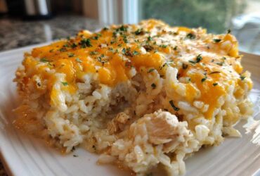 A close-up serving of cheesy chicken and rice casserole topped with melted cheddar and parsley.