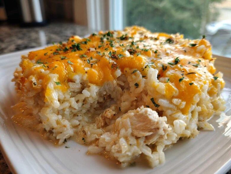 A close-up serving of cheesy chicken and rice casserole topped with melted cheddar and parsley.