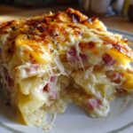 A close-up, gooey slice of scalloped potatoes and ham with melted cheese pulling apart.