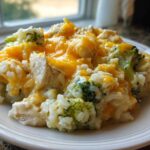 A close-up serving of creamy chicken broccoli rice casserole topped with melted cheddar cheese on a white plate.