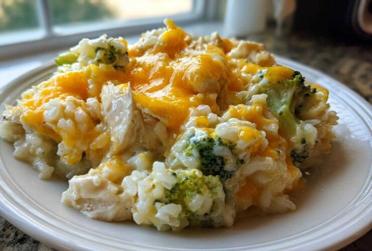 A close-up serving of creamy chicken broccoli rice casserole topped with melted cheddar cheese on a white plate.