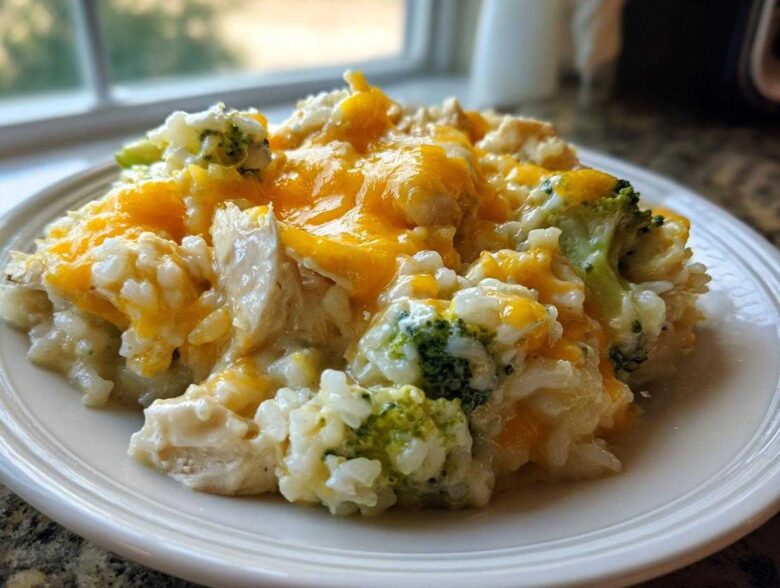 A close-up serving of creamy chicken broccoli rice casserole topped with melted cheddar cheese on a white plate.