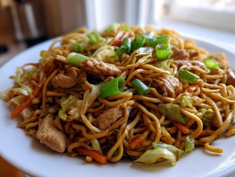 A close-up of a serving of homemade chicken chow mein recipe, featuring noodles, chicken pieces, cabbage, and green onions.