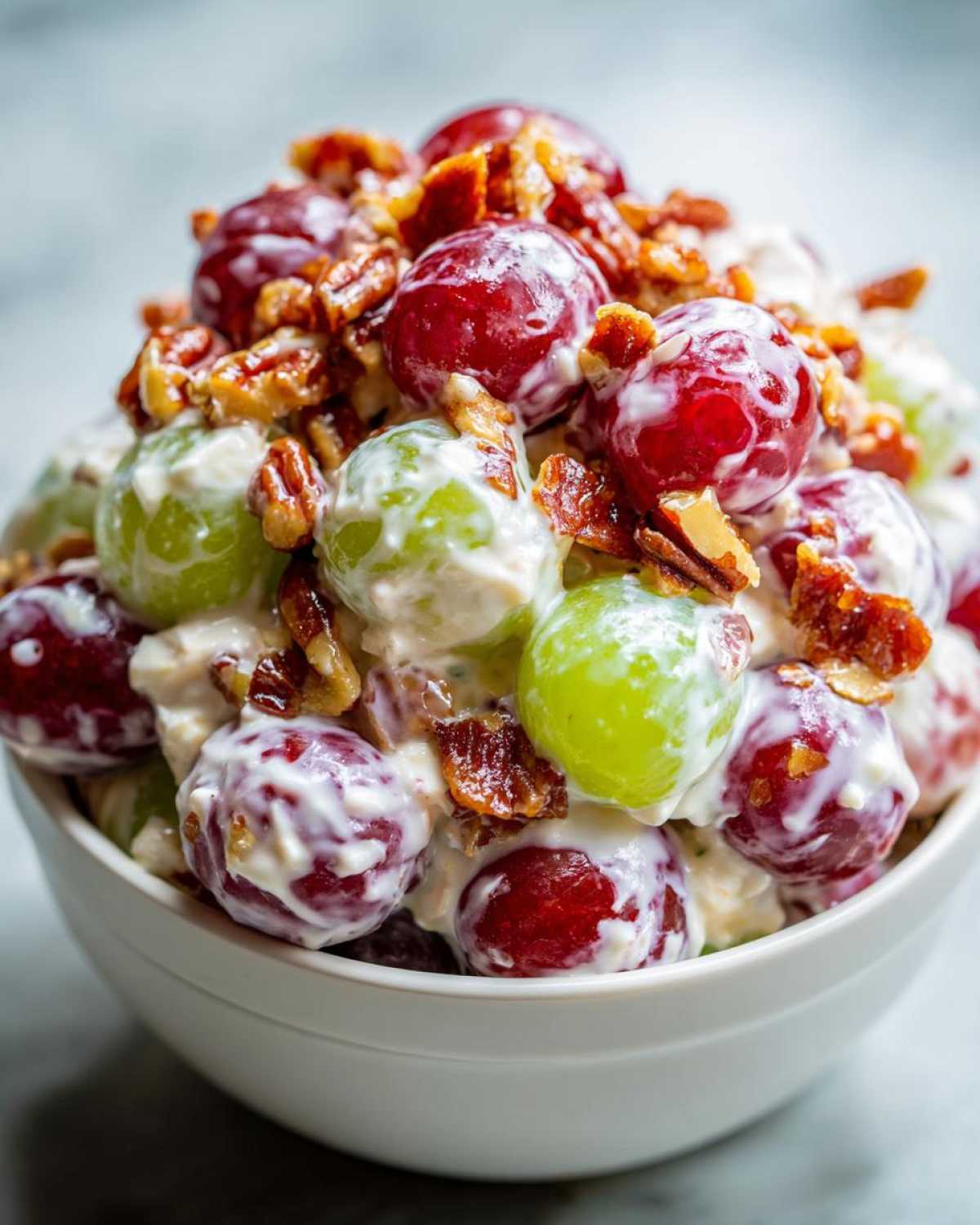 A close-up of creamy chicken salad chick grape salad topped with pecans.