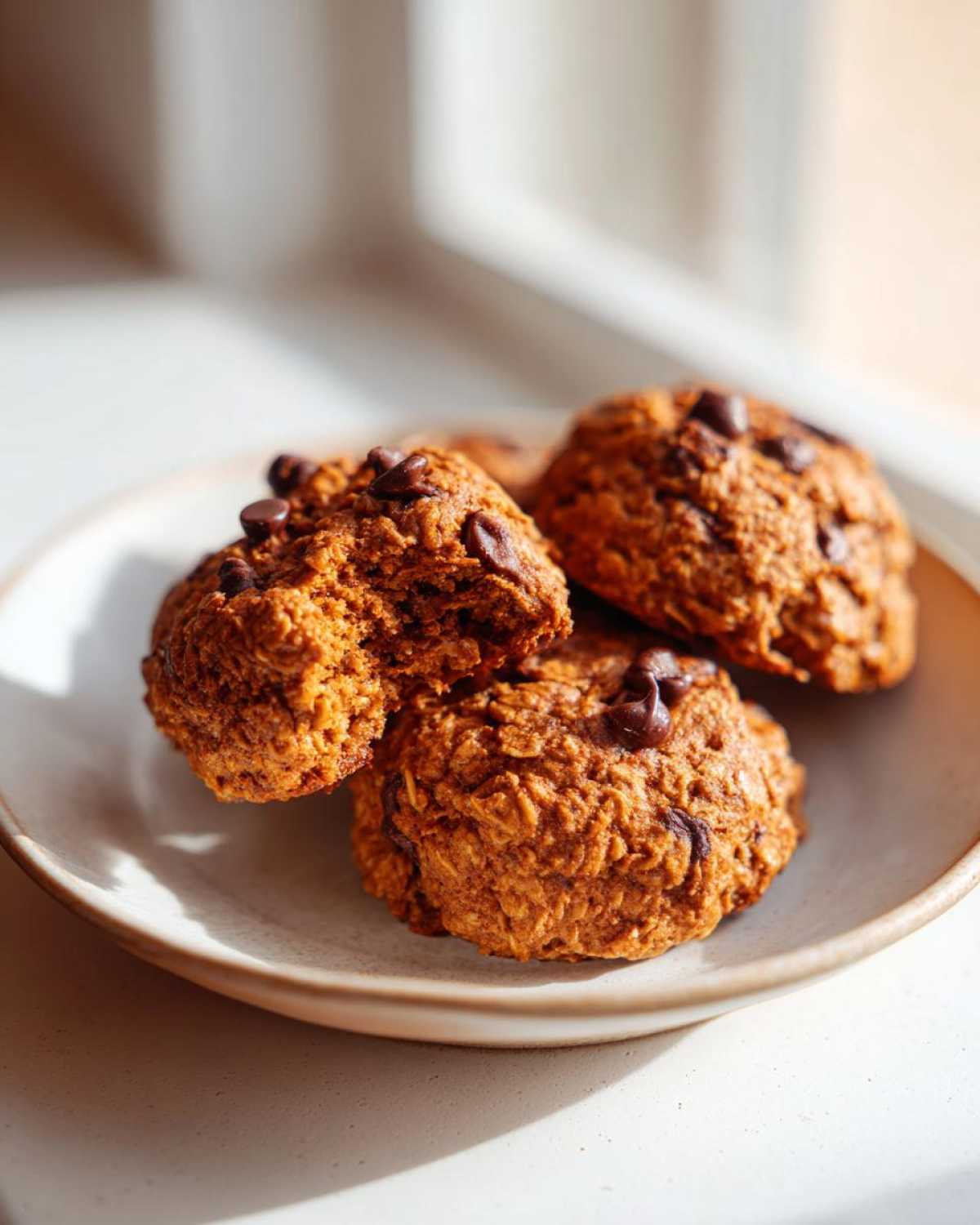 Three textured, golden-brown breakfast cookie treats topped with chocolate chips resting on a light ceramic plate.