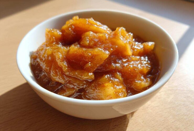 Close-up of chunky, spiced applesauce served in a small white bowl, highlighted by sunlight.