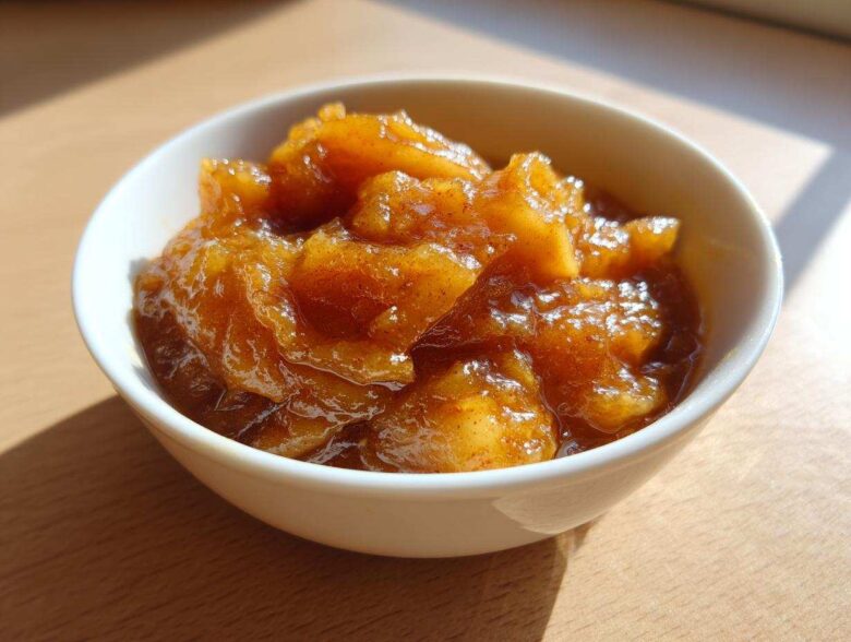 Close-up of chunky, spiced applesauce served in a small white bowl, highlighted by sunlight.
