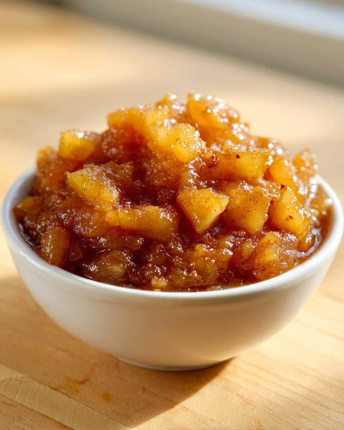 Close-up of chunky, spiced applesauce in a small white bowl sitting on a wooden surface.