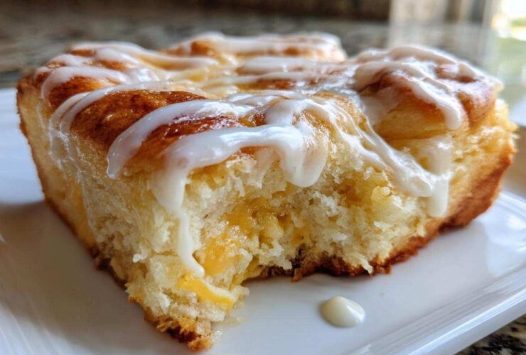 A close-up, appetizing shot of a square serving of moist cinnamon roll casserole topped with thick white icing.