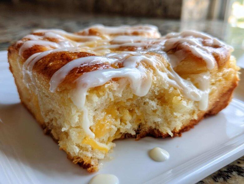A close-up, appetizing shot of a square serving of moist cinnamon roll casserole topped with thick white icing.