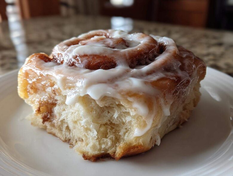 Close-up of a soft cinnamon roll generously topped with thick, white cream cheese frosting.