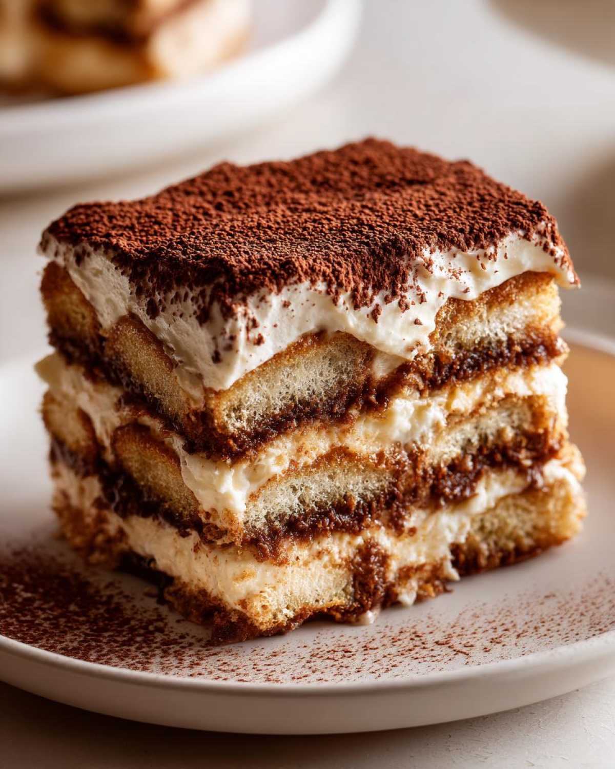 Close-up of a perfect slice of classic tiramisu recipe showing layers of ladyfingers, mascarpone cream, and heavy cocoa powder dusting.