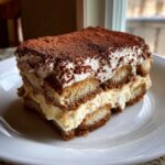 Close-up of a layered slice of classic tiramisu recipe dusted heavily with cocoa powder.