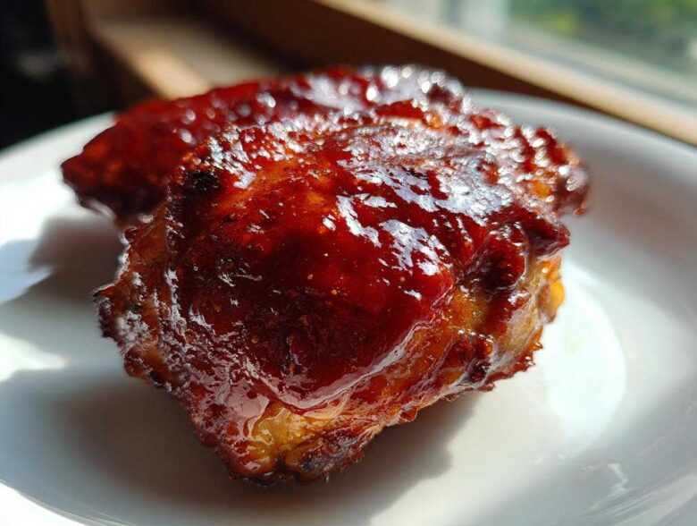 Close-up of a piece of succulent bbq chicken coated in thick, glossy, dark red barbecue sauce.