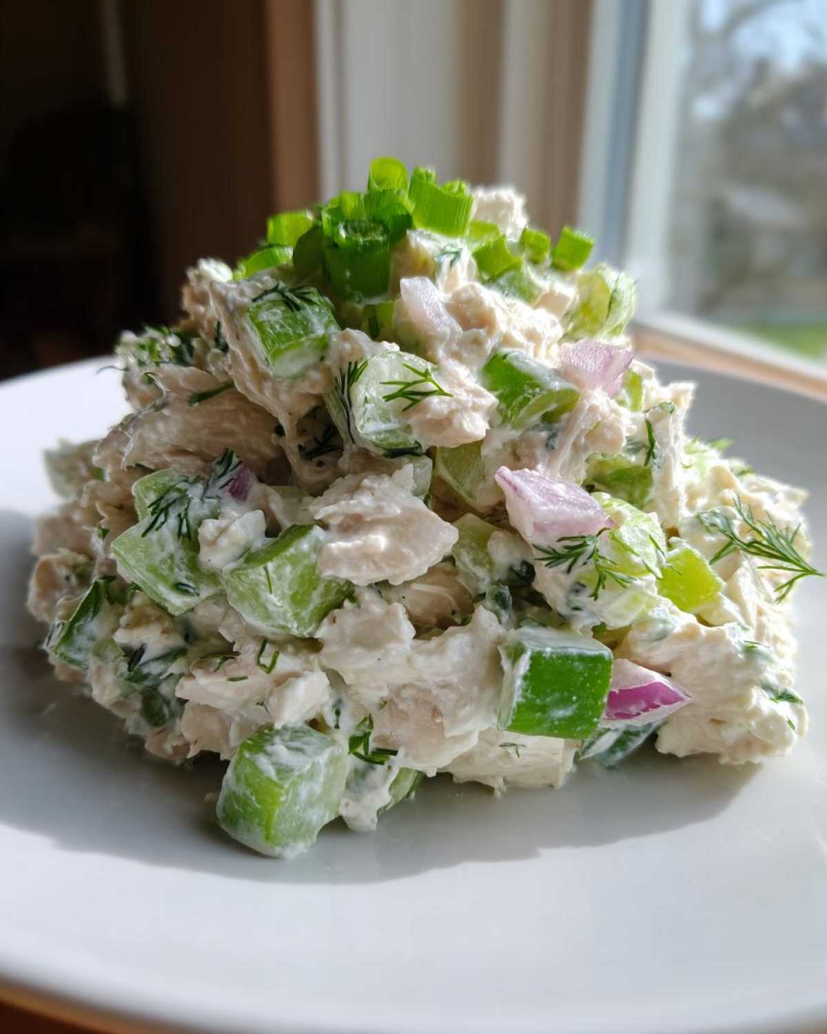 A mound of creamy cottage cheese chicken salad mixed with celery and red onion, topped with fresh green onions.