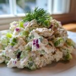 A mound of creamy cottage cheese chicken salad mixed with celery and red onion, topped with fresh dill.
