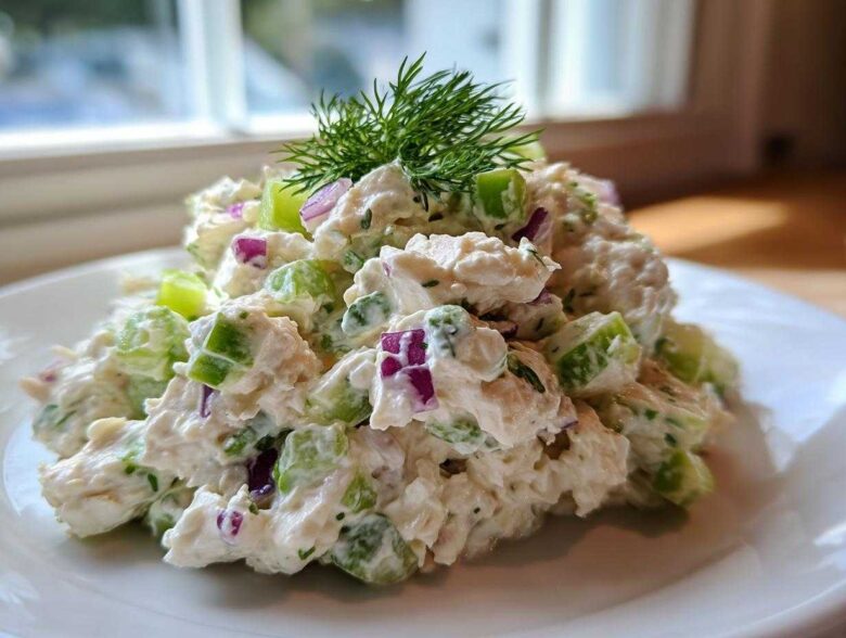 A mound of creamy cottage cheese chicken salad mixed with celery and red onion, topped with fresh dill.