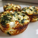 Three golden-brown Cottage Cheese Egg Cups With Spinach & Feta topped with melted white cheese on a white plate.