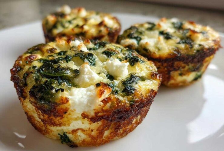 Three golden-brown Cottage Cheese Egg Cups With Spinach & Feta topped with melted white cheese on a white plate.